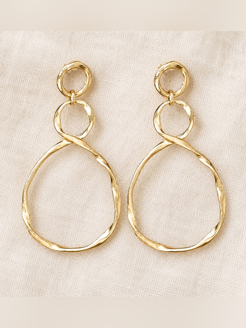 Bubu Shop Gold plated Double-Ring Hammered Drop Earrings - Women Jewelry